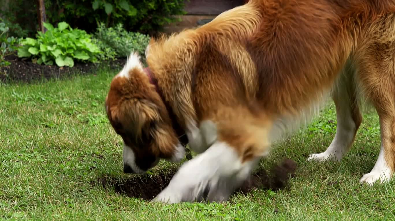 穴を掘った後、前足を舐める犬