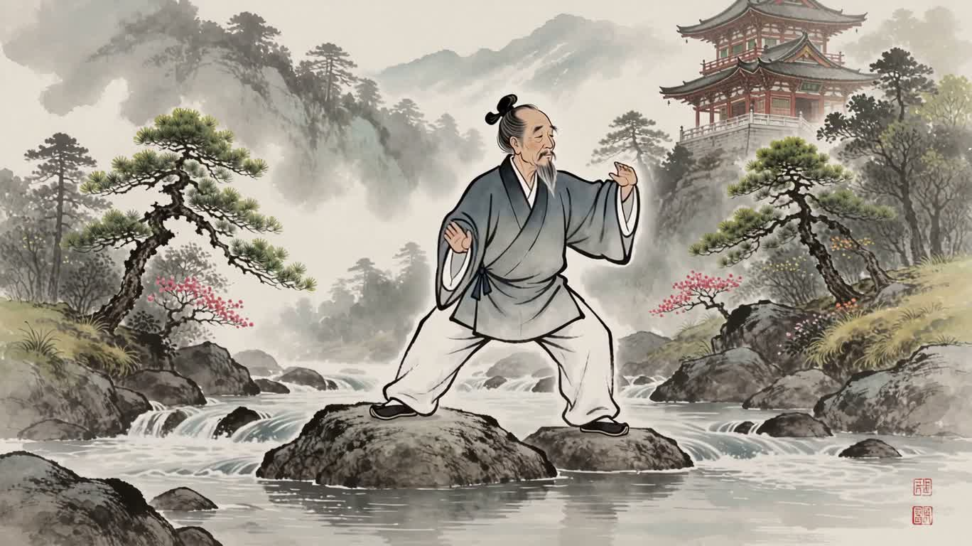 溪流石上晨练太极