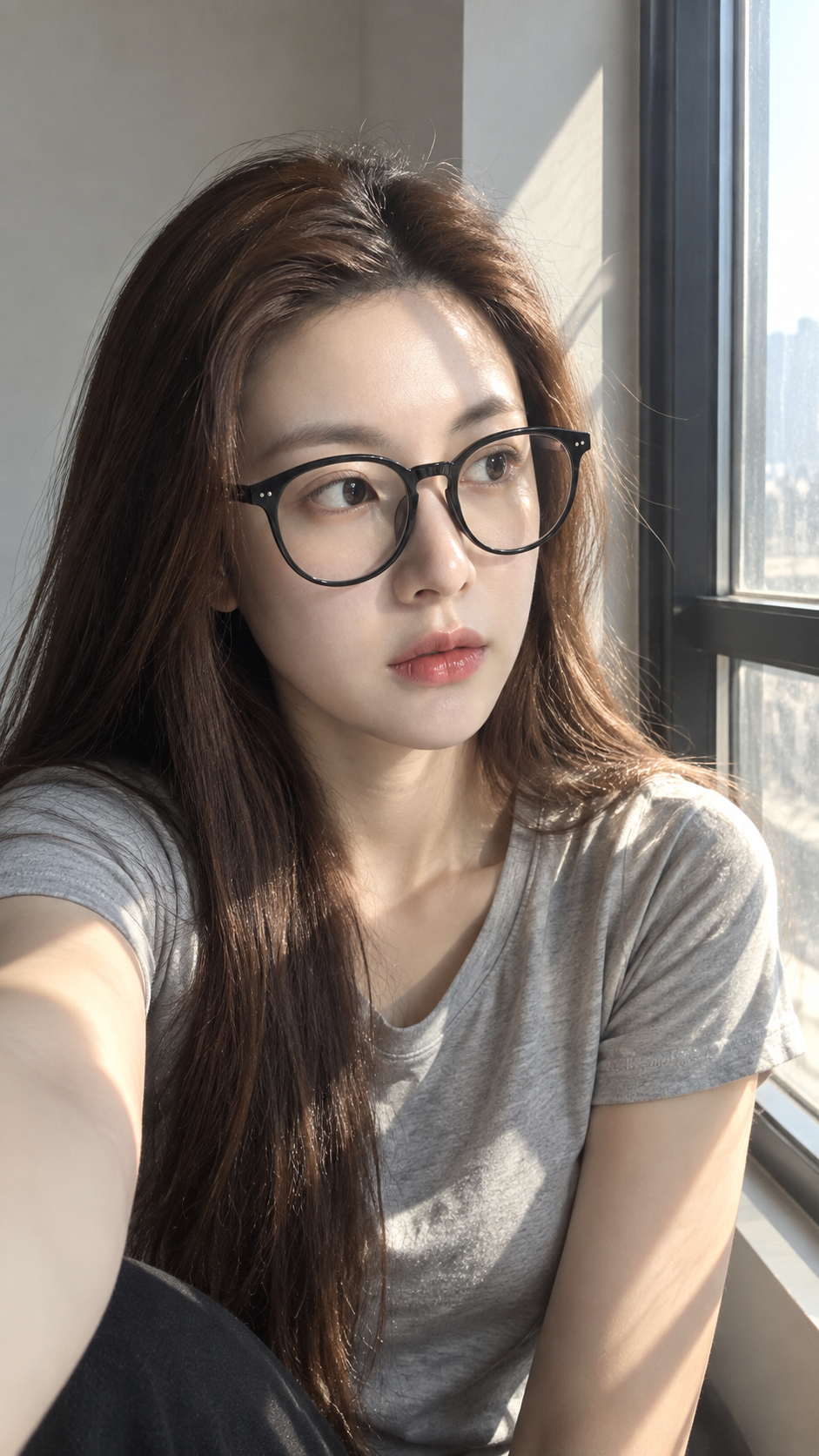 窗边自然光女性手机自拍写实人像
