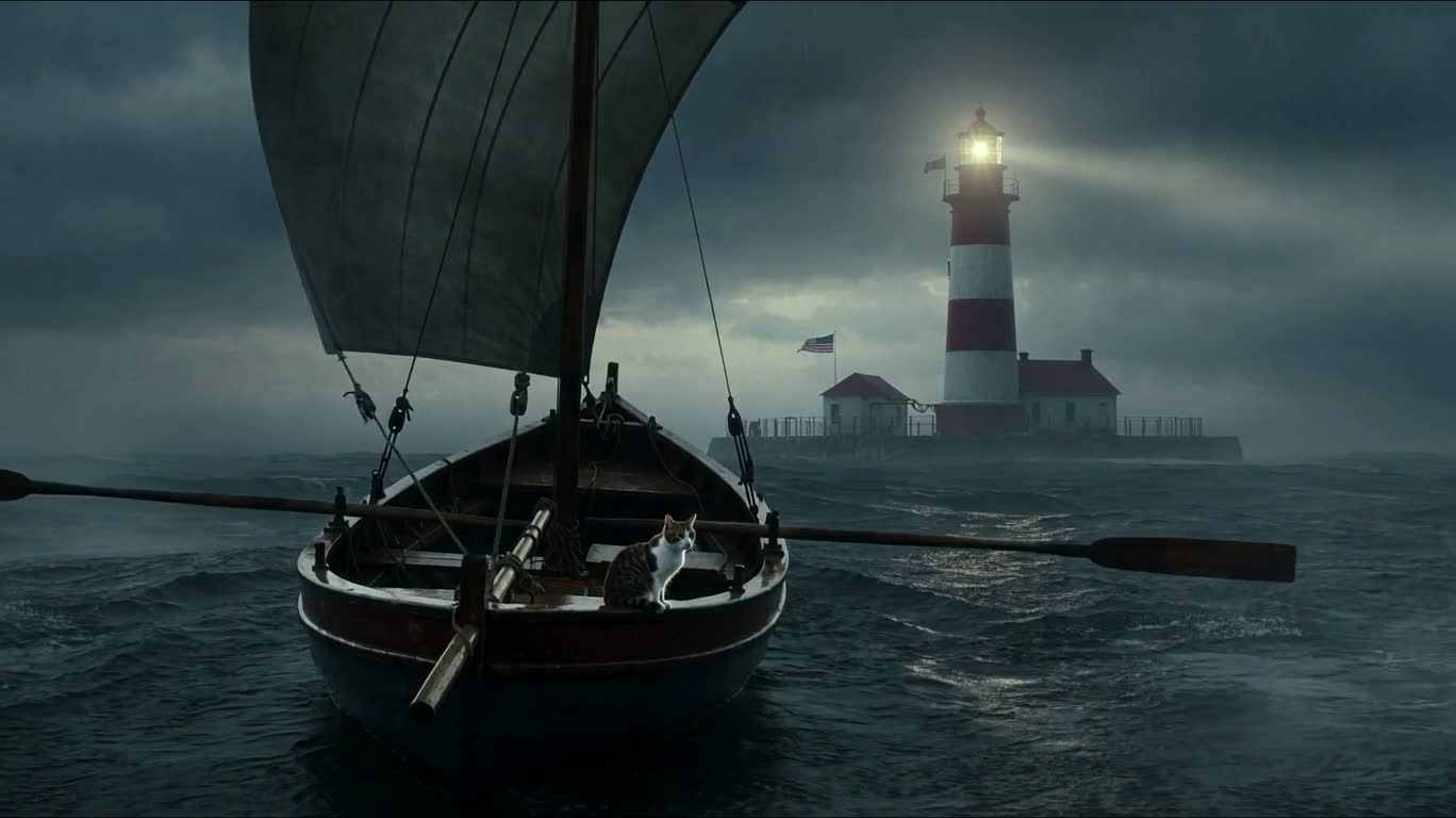 Chat et phare sur la mer en tempête — AI video creation