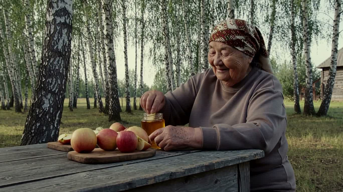 白桦林旁的蜂蜜苹果
