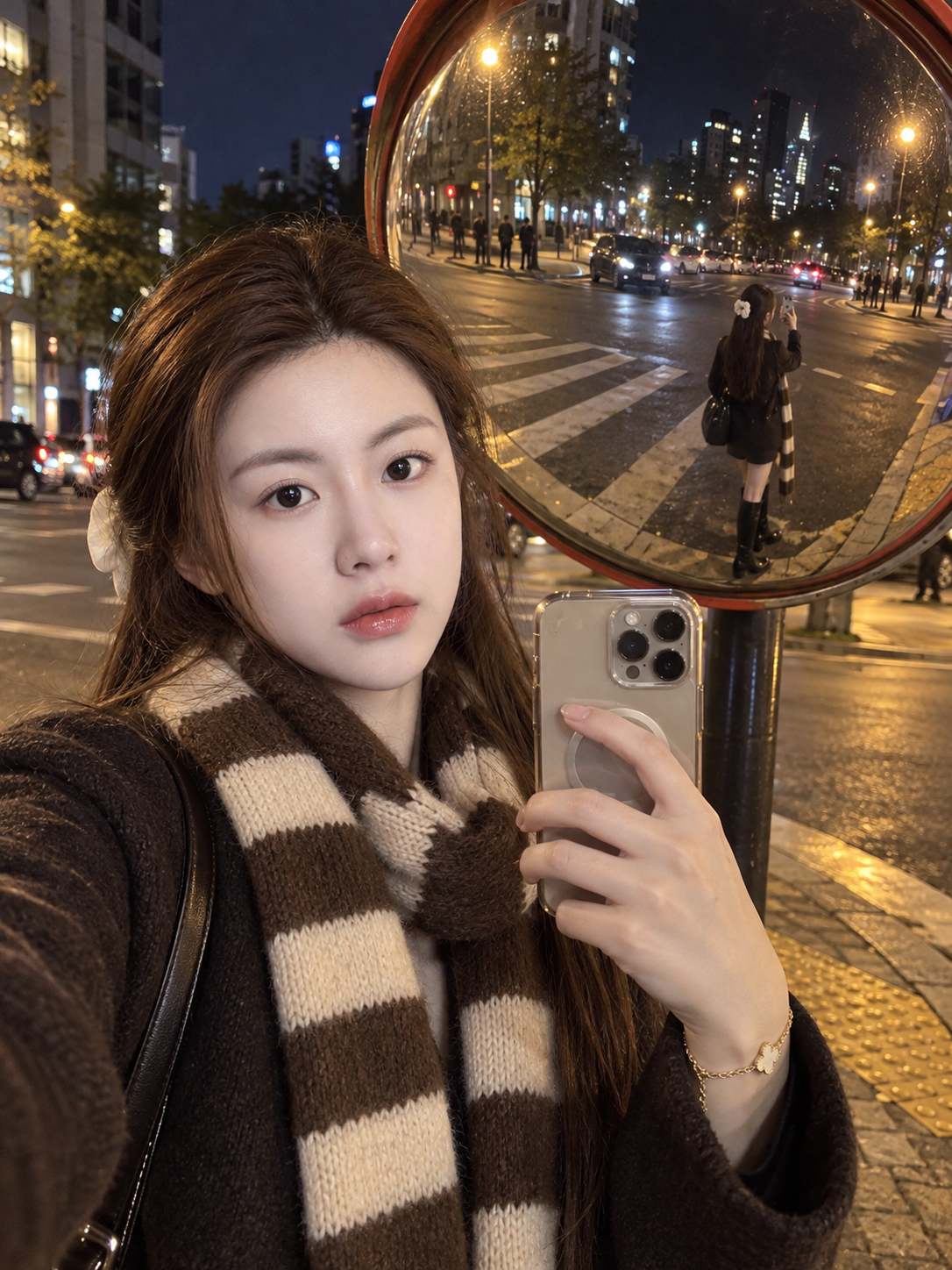 Selfie dans un miroir convexe à une intersection nocturne