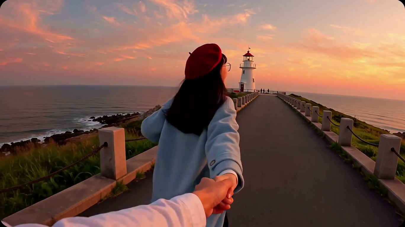 Sunset Lighthouse Hand in Hand Running