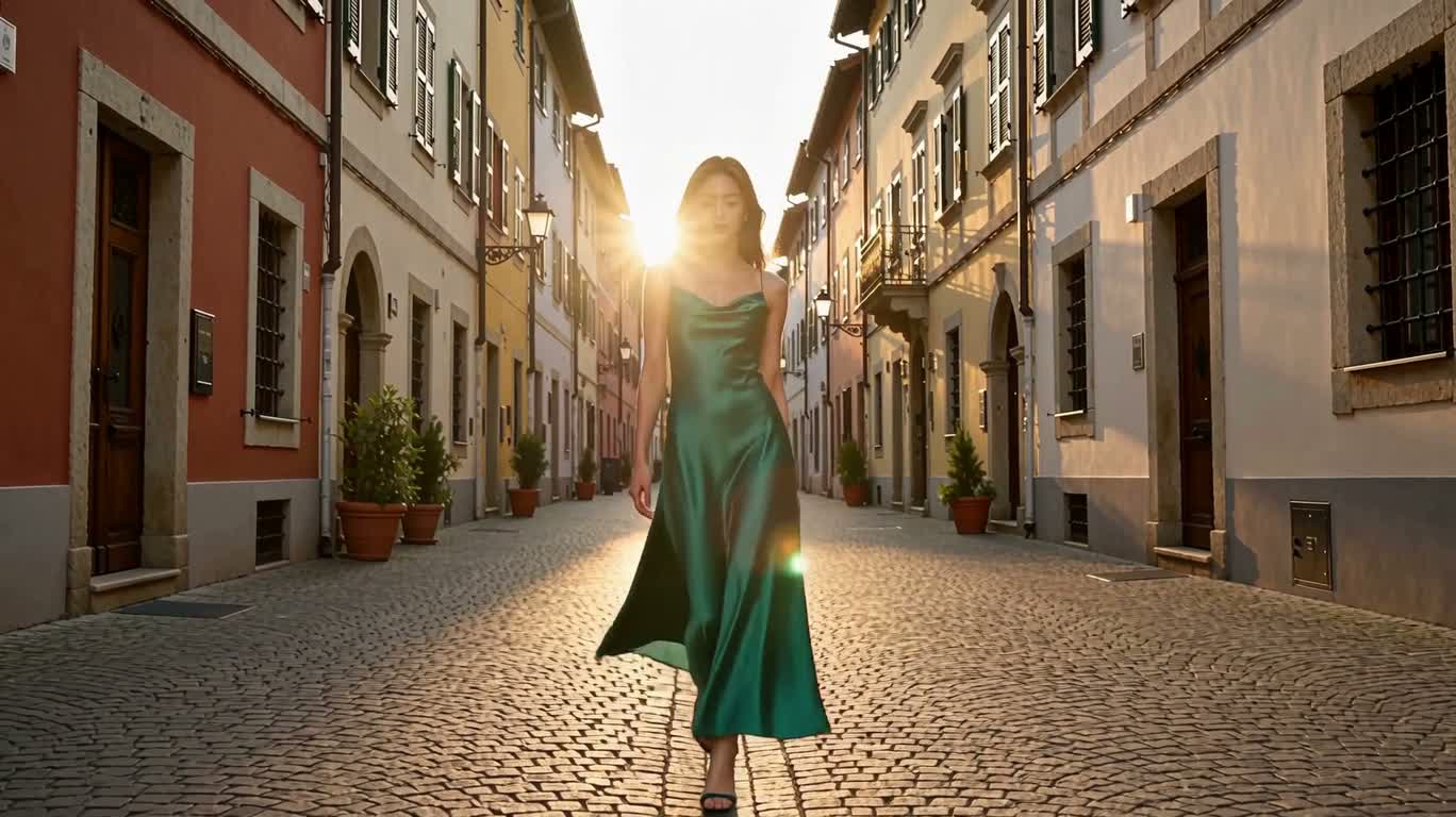 Robe émeraude dans une rue pavée au crépuscule — court métrage