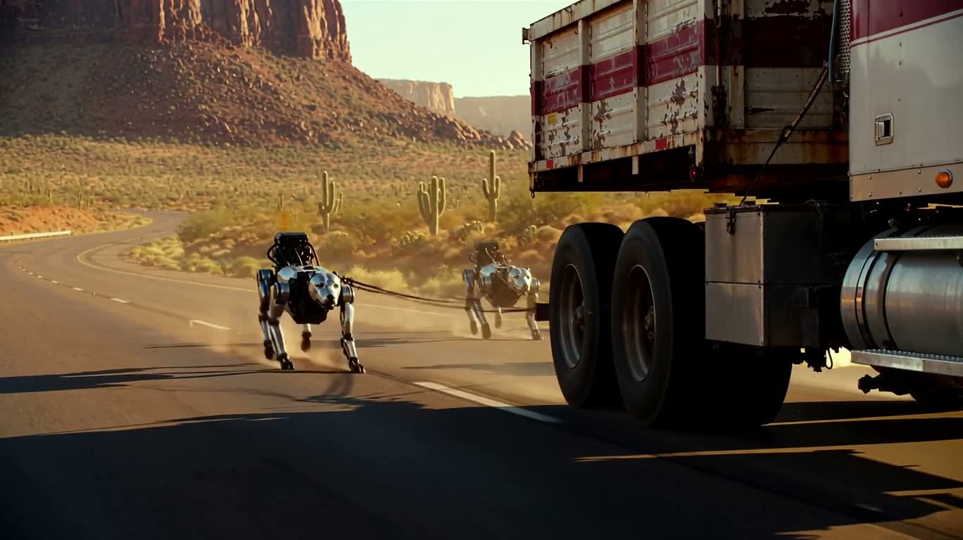 Robot kéo trên đường cao tốc sa mạc lúc hoàng hôn — AI video creation