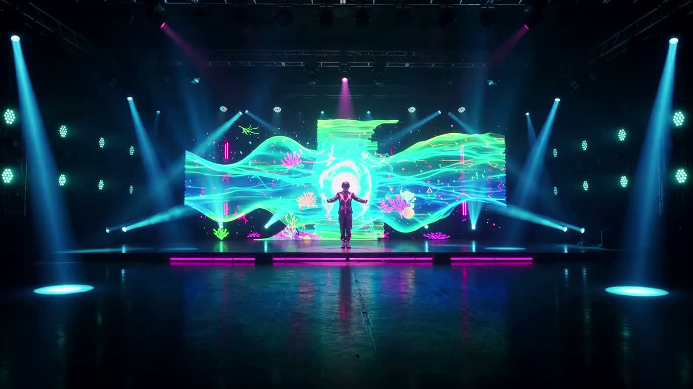 ネオン海境ホログラフィックステージ — AI video creation