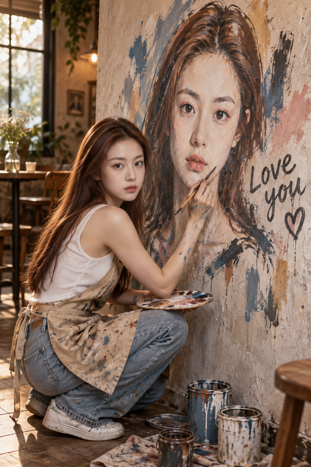 咖啡馆创作大型壁画的写实社论肖像