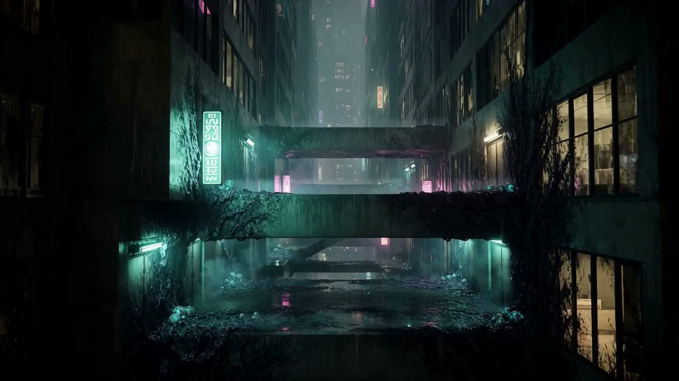 雨夜废弃生物朋克城 — AI video creation