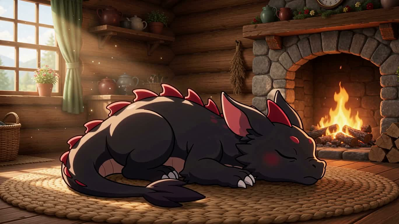 Sleeping Black Dragon by the Fireplace — AI video creation