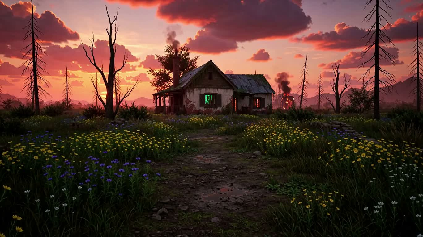 末日晨光下的废弃小屋