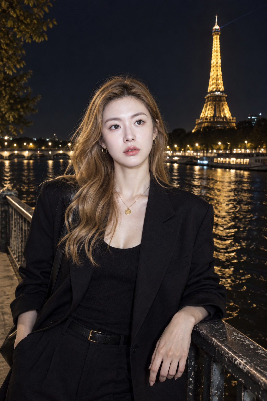 塞纳河畔金色铁塔夜景人像