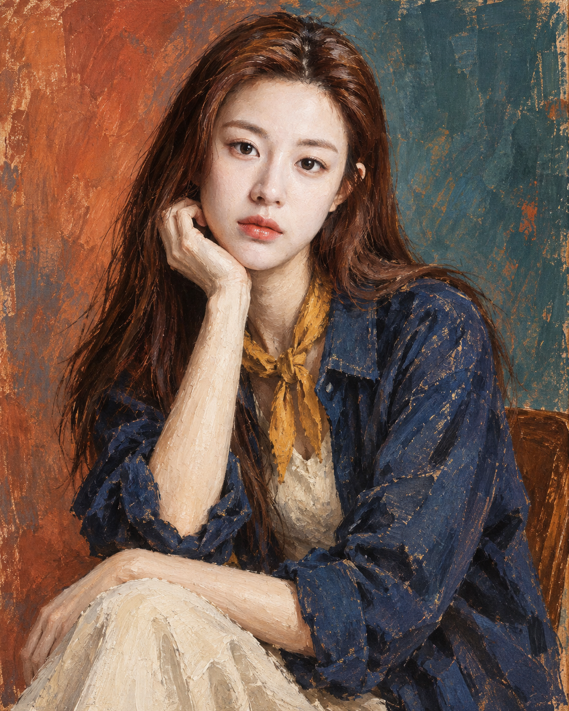鲜艳干笔笔触艺术人像油画