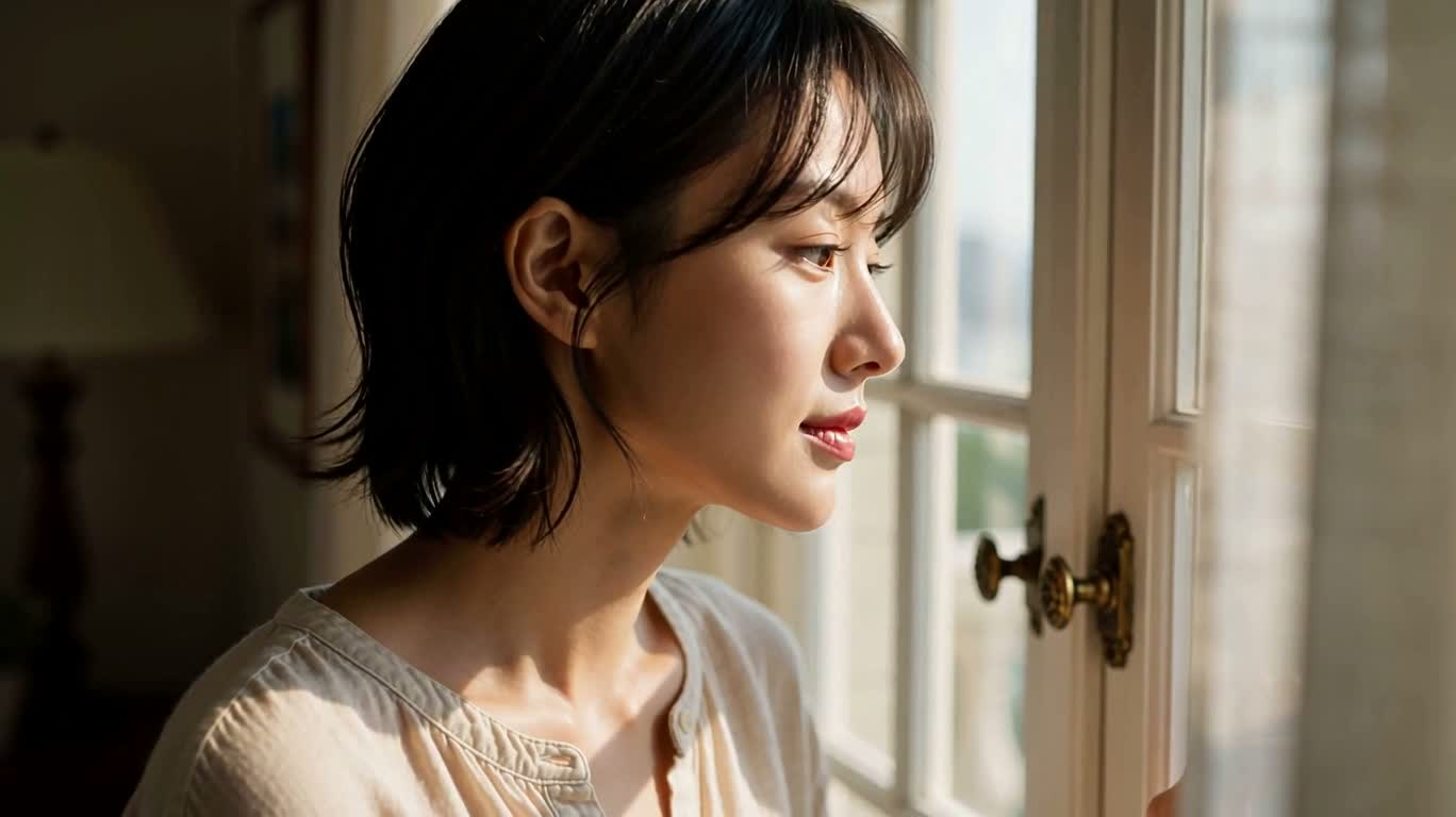 窗边暖光下的自信女子