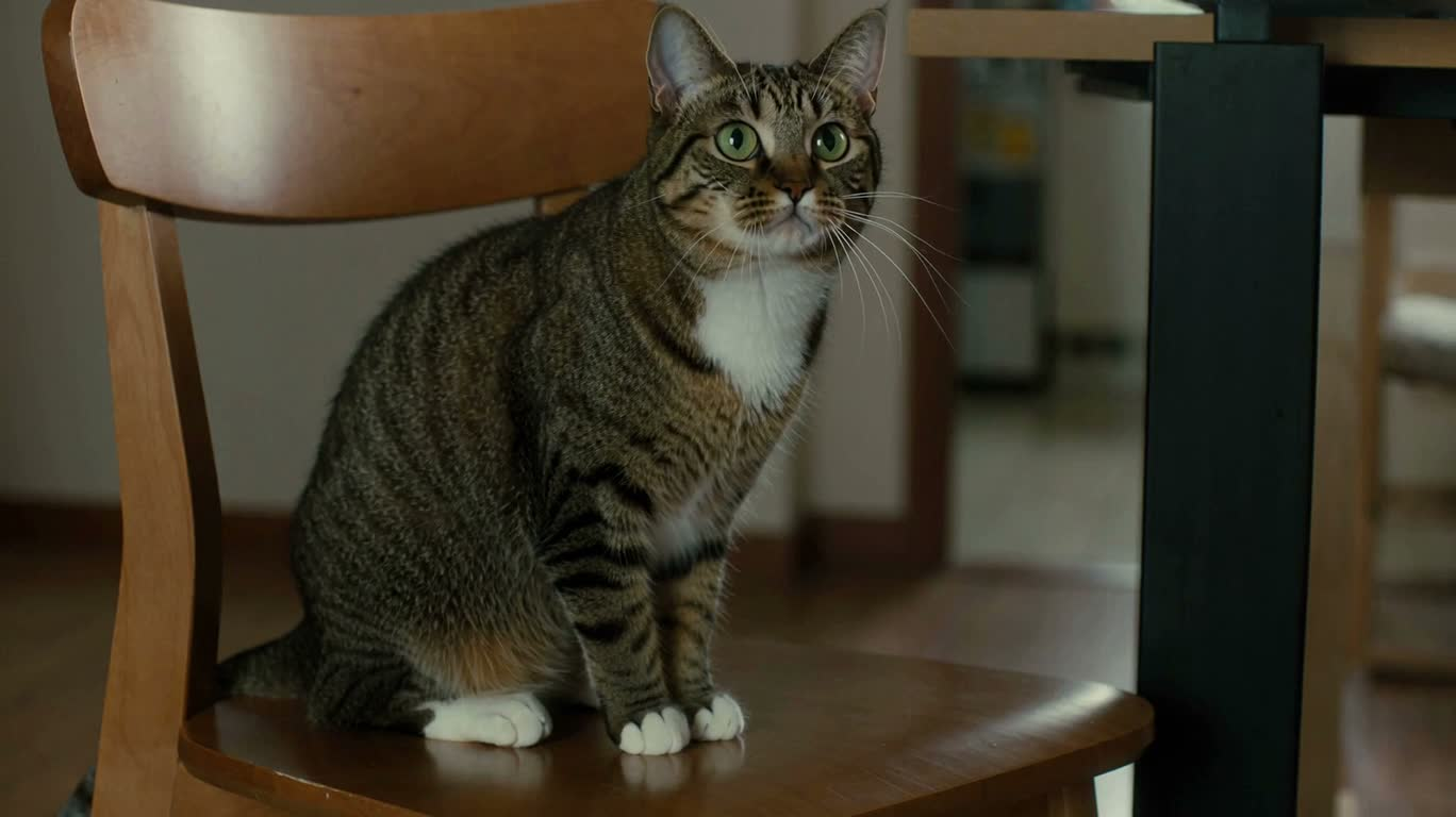 椅子の上の猫と羽のおもちゃ — AI video creation
