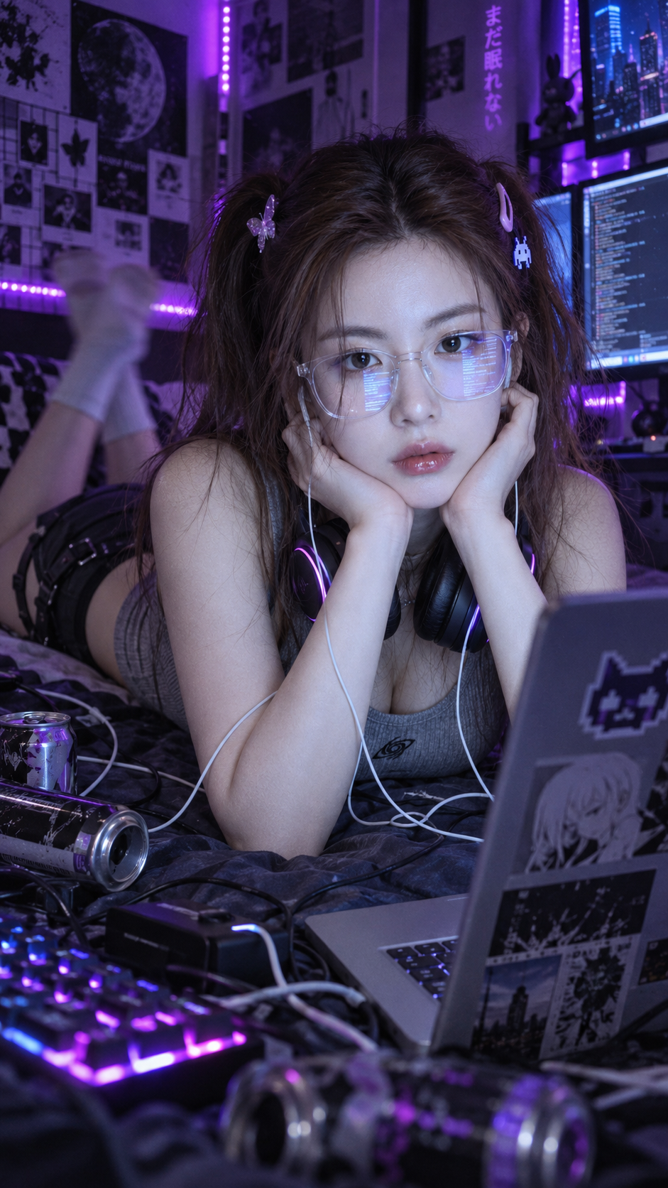 冷たい青い画面の下の憂鬱なゲーマー少女