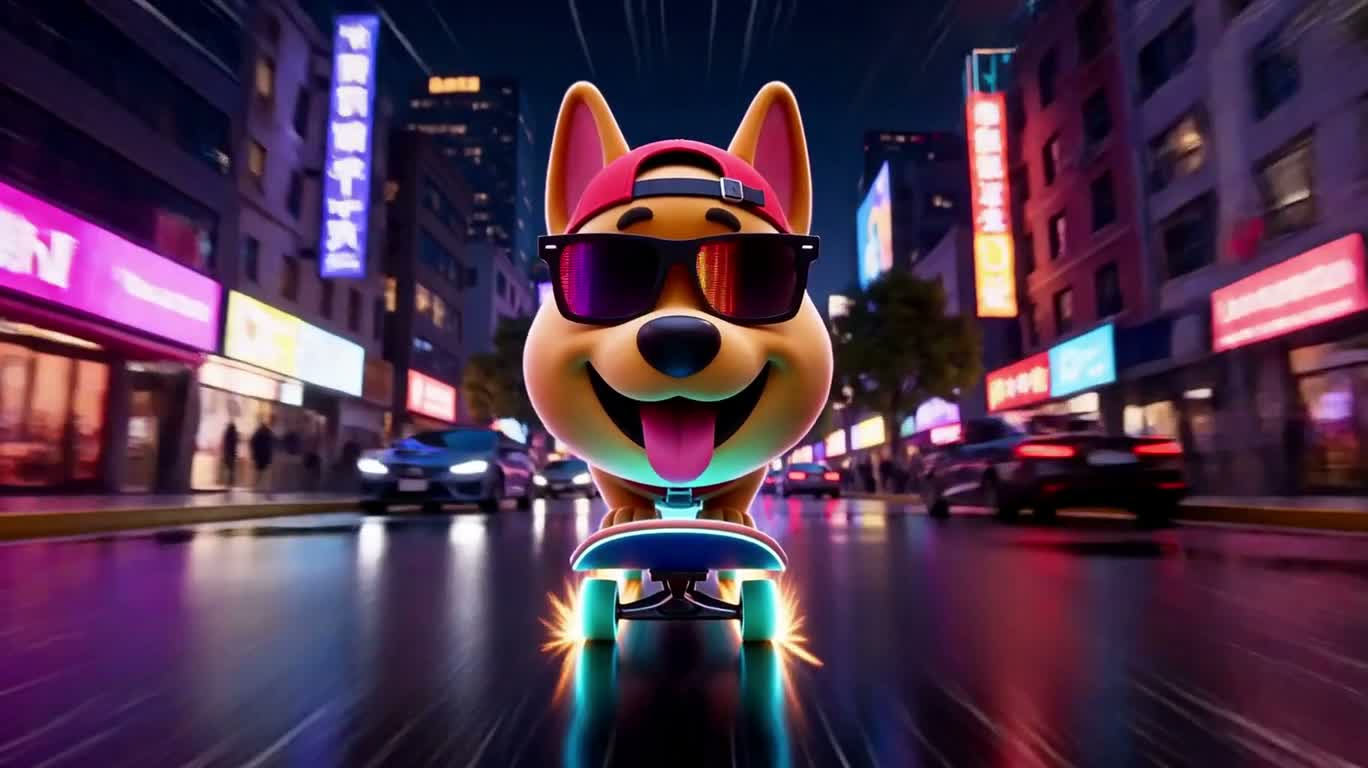Chien cool en skateboard filant dans une rue néon