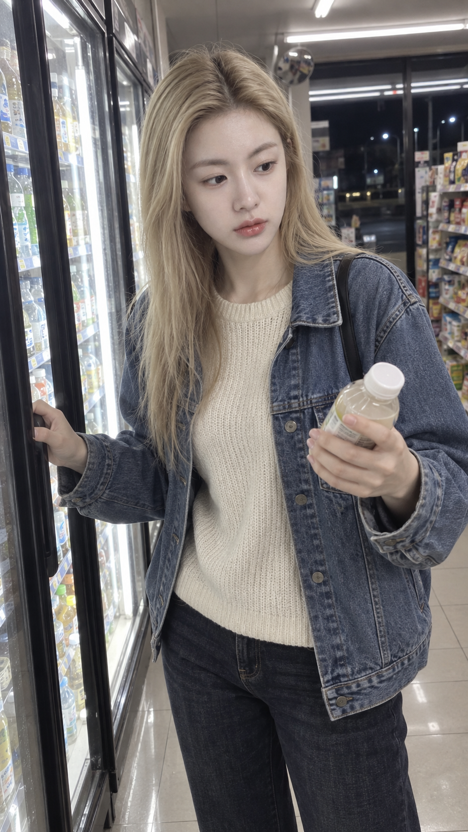 深夜便利店荧光灯下的金发写实随拍