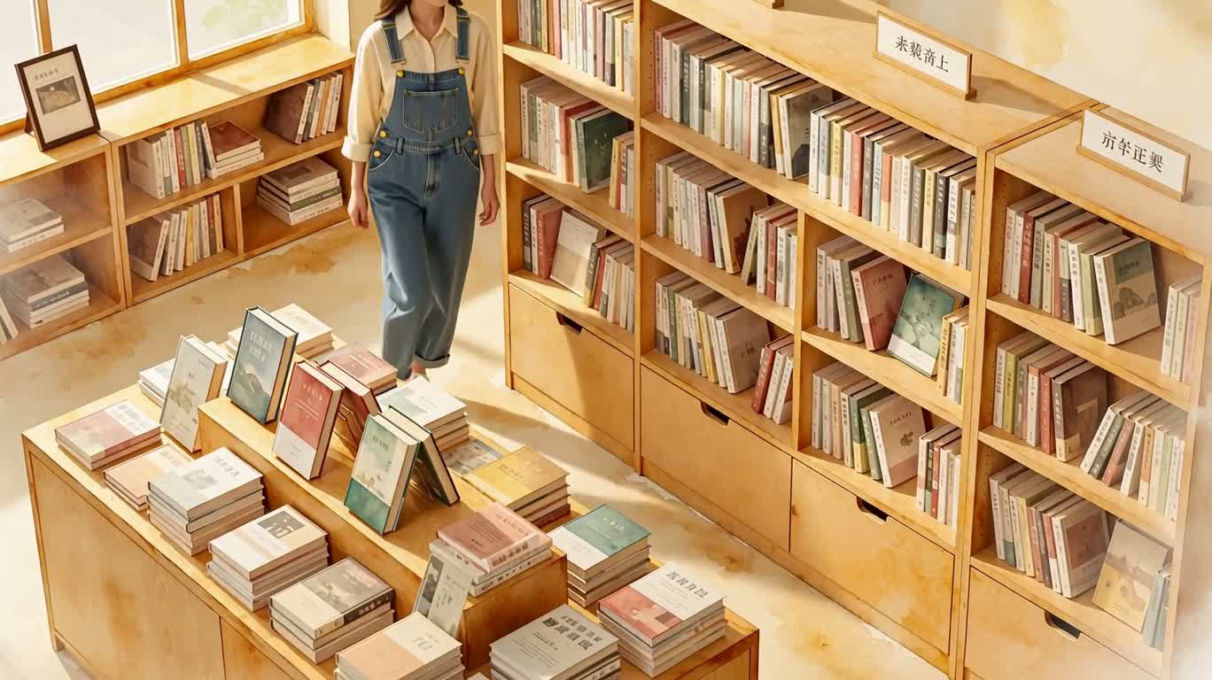 暖色几何水彩书店中的背带裤女子