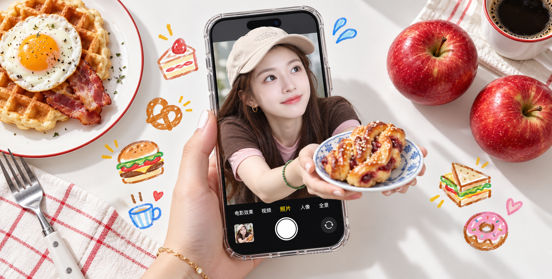 휴대폰 속 환상적인 아침 식사 플랫 레이