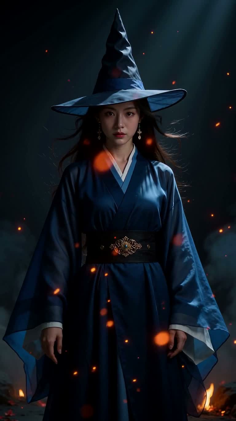 青いローブの魔女の炎の呪術