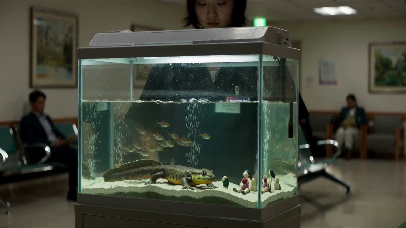 医院候诊室的超现实蝾螈鱼缸