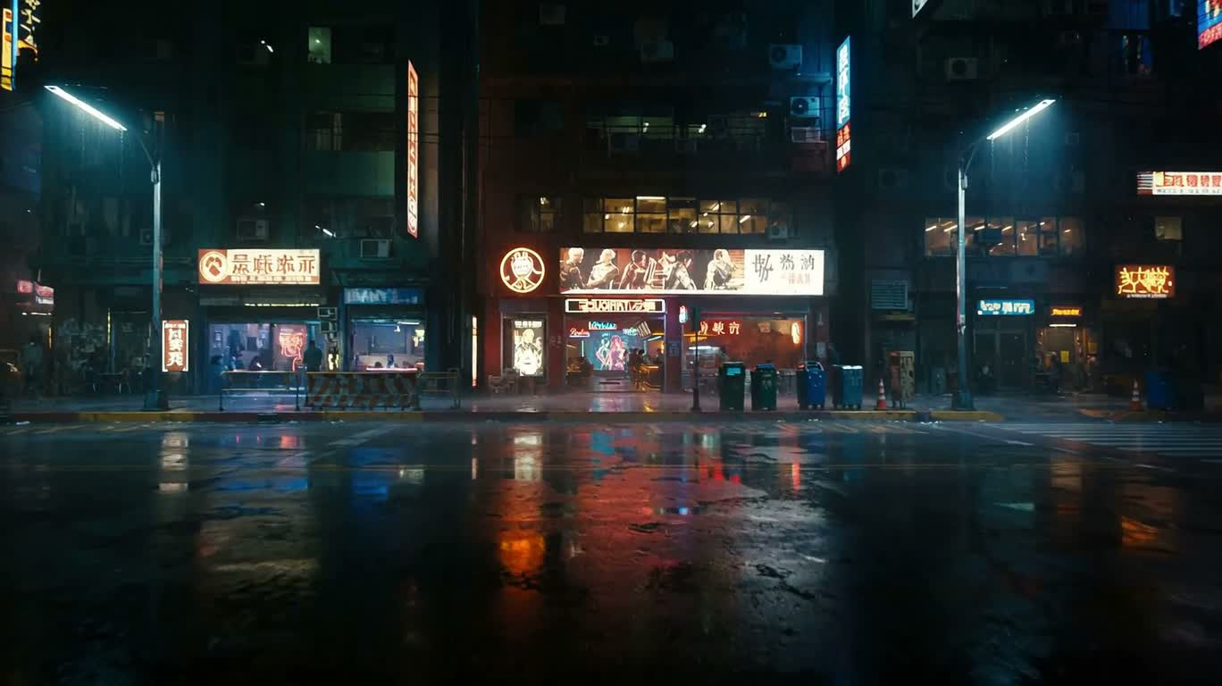Quán cà phê cyber đêm mưa neon