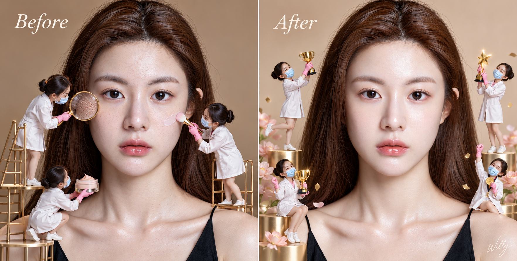 미니어처 미용사가 연출한 초현실적 스킨케어 비포애프터 에디토리얼 포트레이트