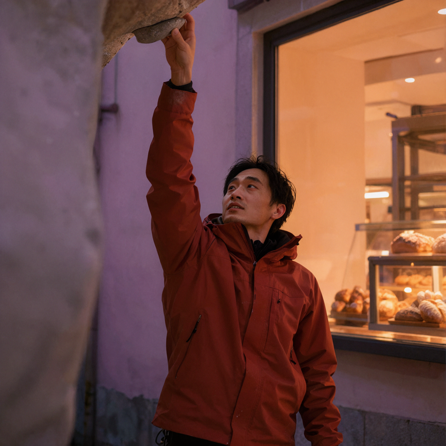 Adult East Asian Male Mountain Guide · Climbing Contact Points · Environmental Portrait — AI image creation