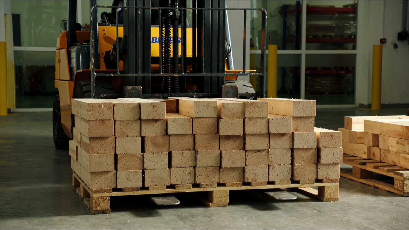Chariot élévateur jaune transportant des blocs de bois — AI video creation