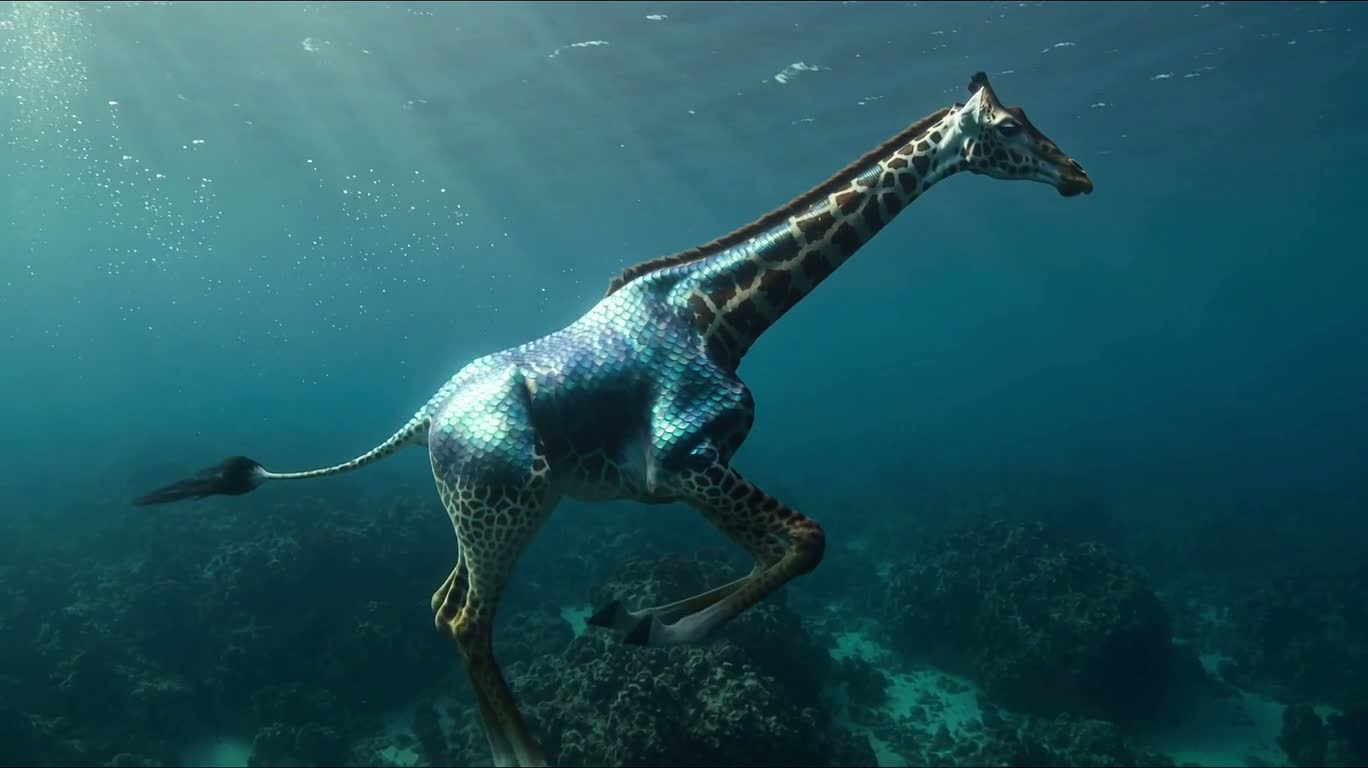 Scaled Giraffe Gliding Underwater