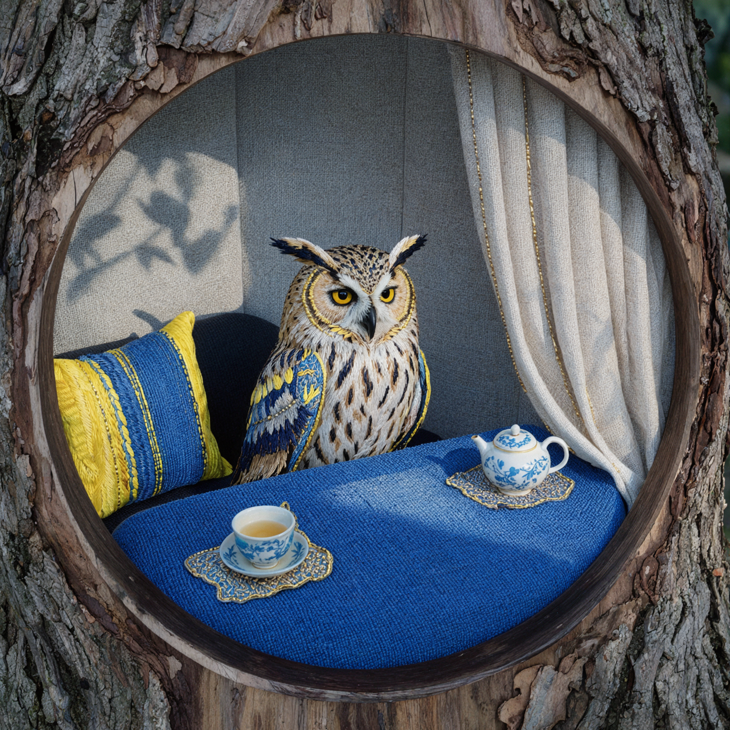 フクロウの茶室 · 刺繍織物 — AI image creation