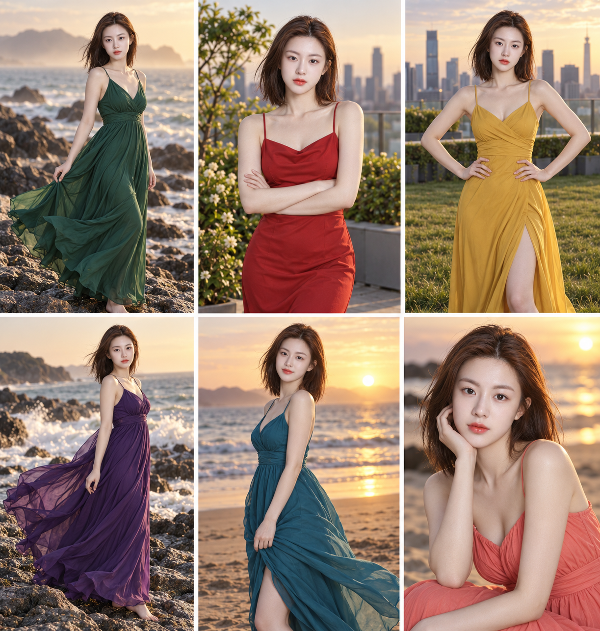 夕焼け海岸 六色ドレスのシルエット ファッションコラージュ