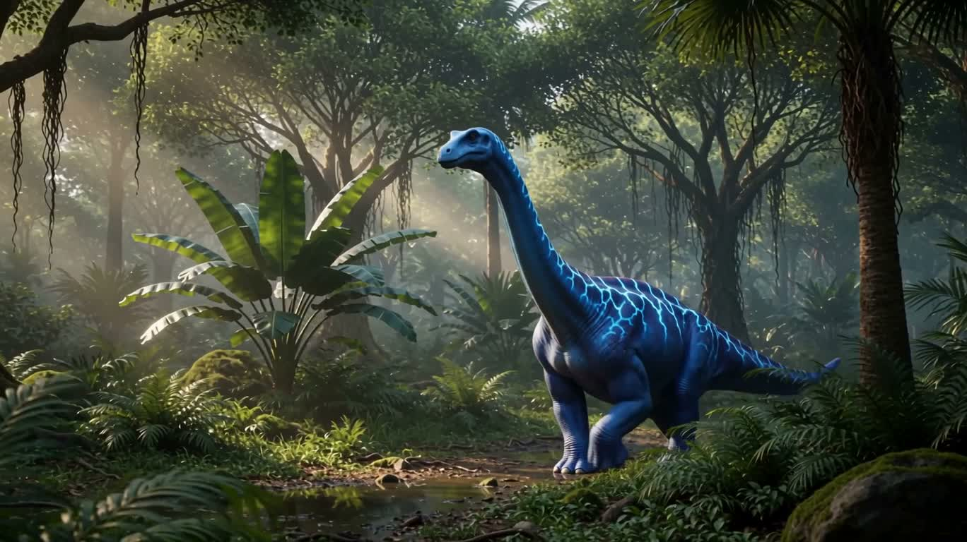 ネオンブルーのディプロドクス、ジャングルの廃墟を越えて — AI video creation