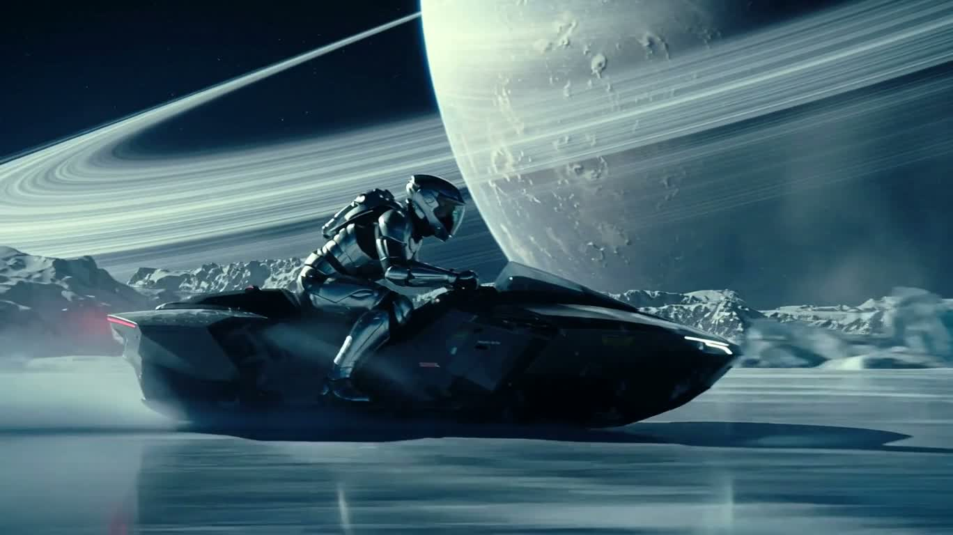 Poursuite sur la lune de glace : chasseur dans la plaine gelée sous la planète annelée