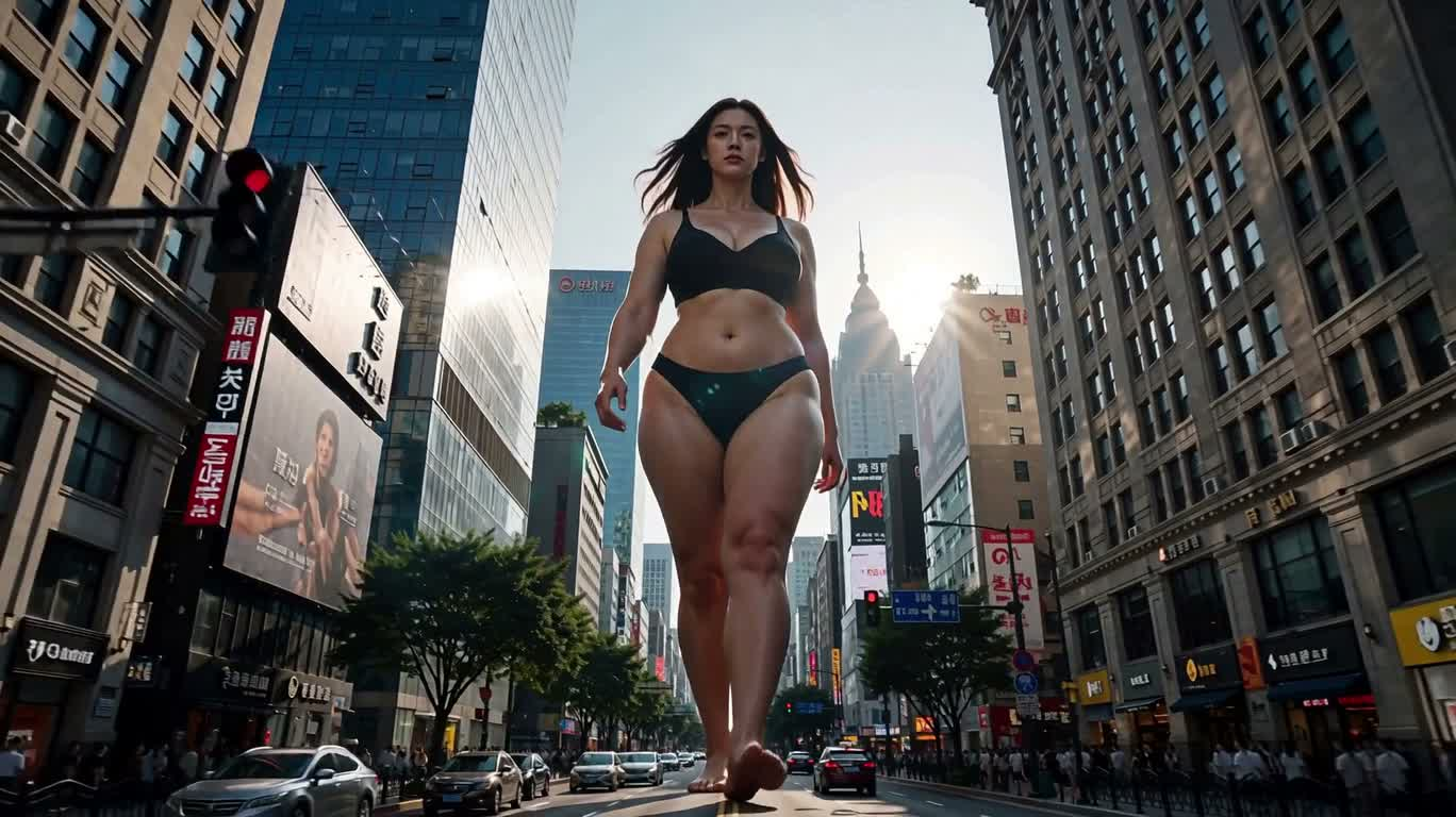 巨人女性穿行都市 — AI video creation