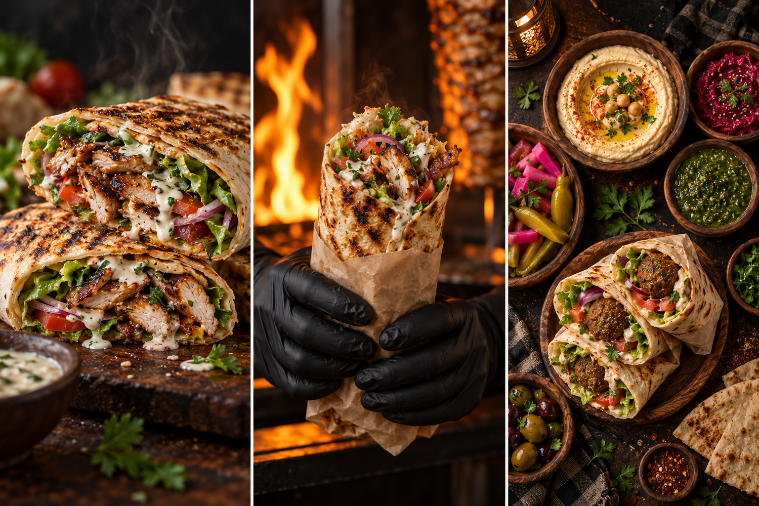 Blazing Shawarma and Middle Eastern Street Food Triptych — AI image creation