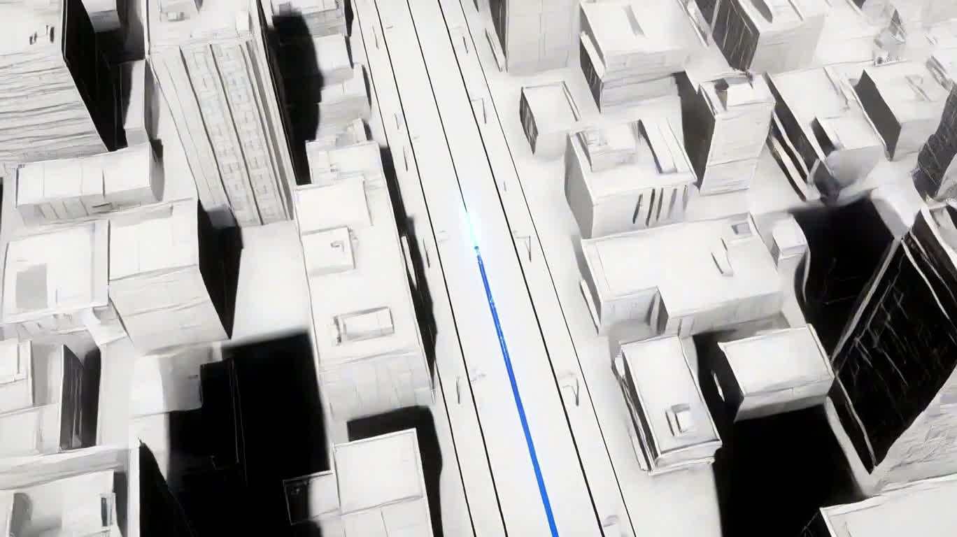 Cité futuriste en noir, blanc et bleu : la boucle finale