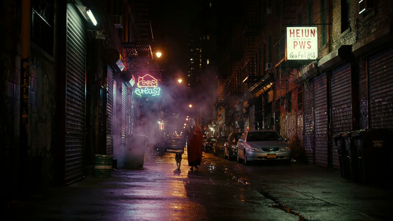Monk and Dog in a Neon Alley — AI video creation