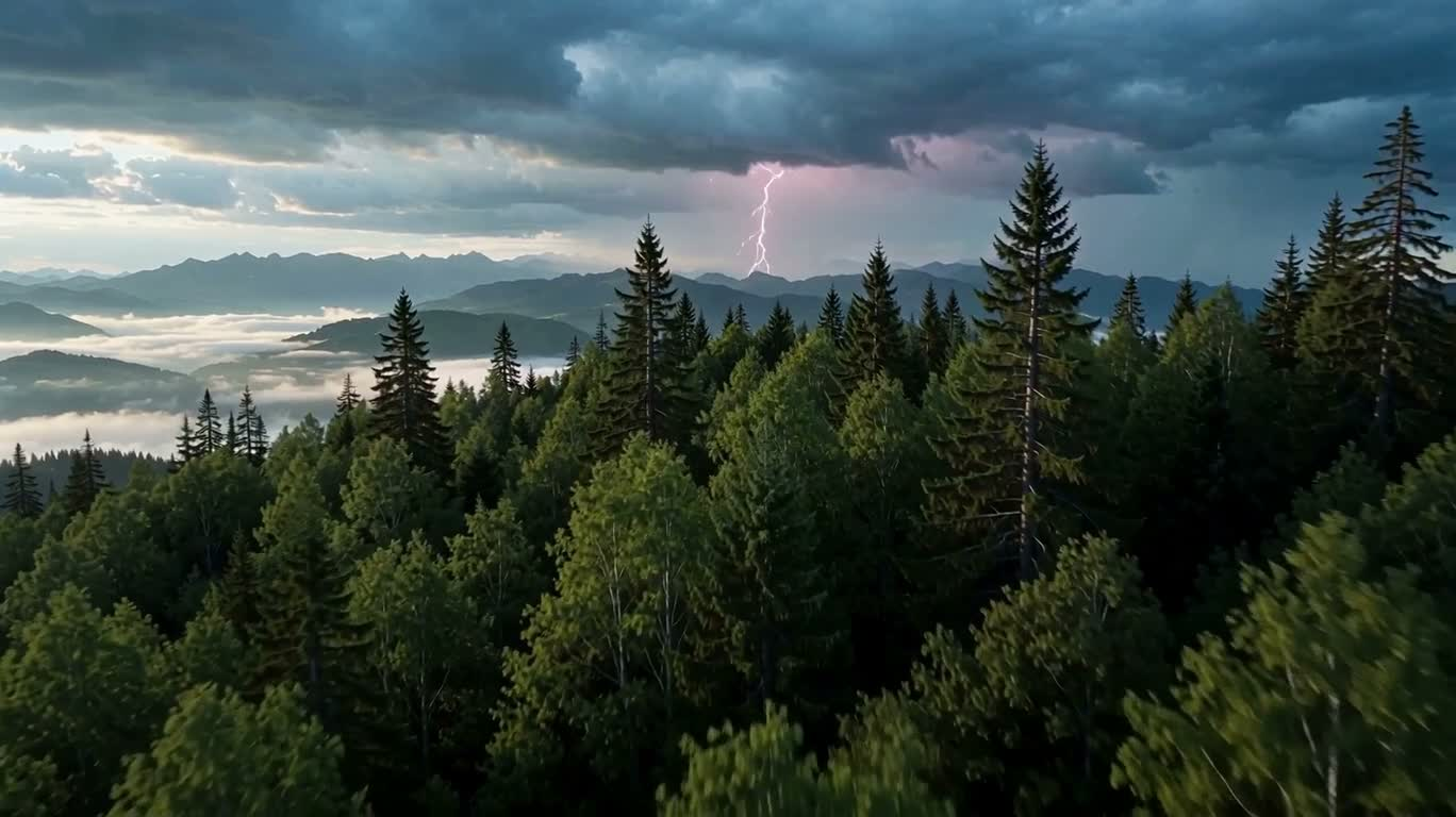Forêt fantastique au-dessus des nuages d'orage
