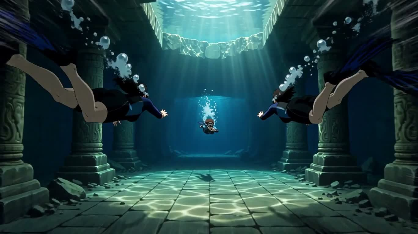 Đuổi theo ánh sáng xanh thẳm trong đền thờ chìm — AI video creation