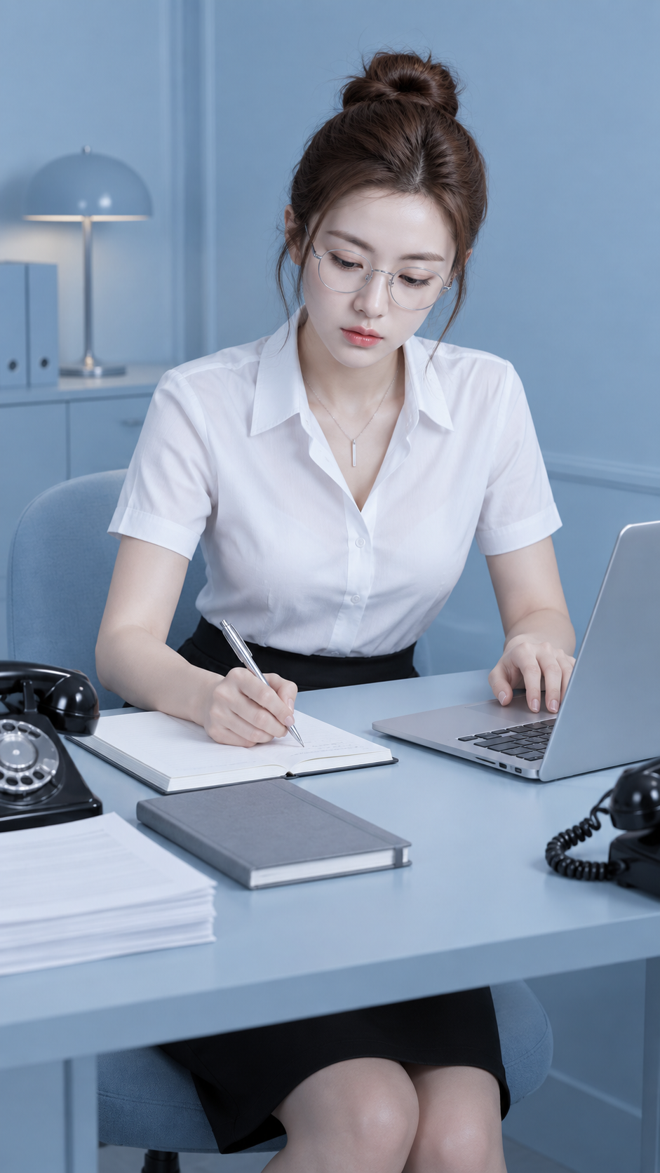 Chân dung tập trung của người làm việc trong văn phòng đơn sắc xanh nhạt