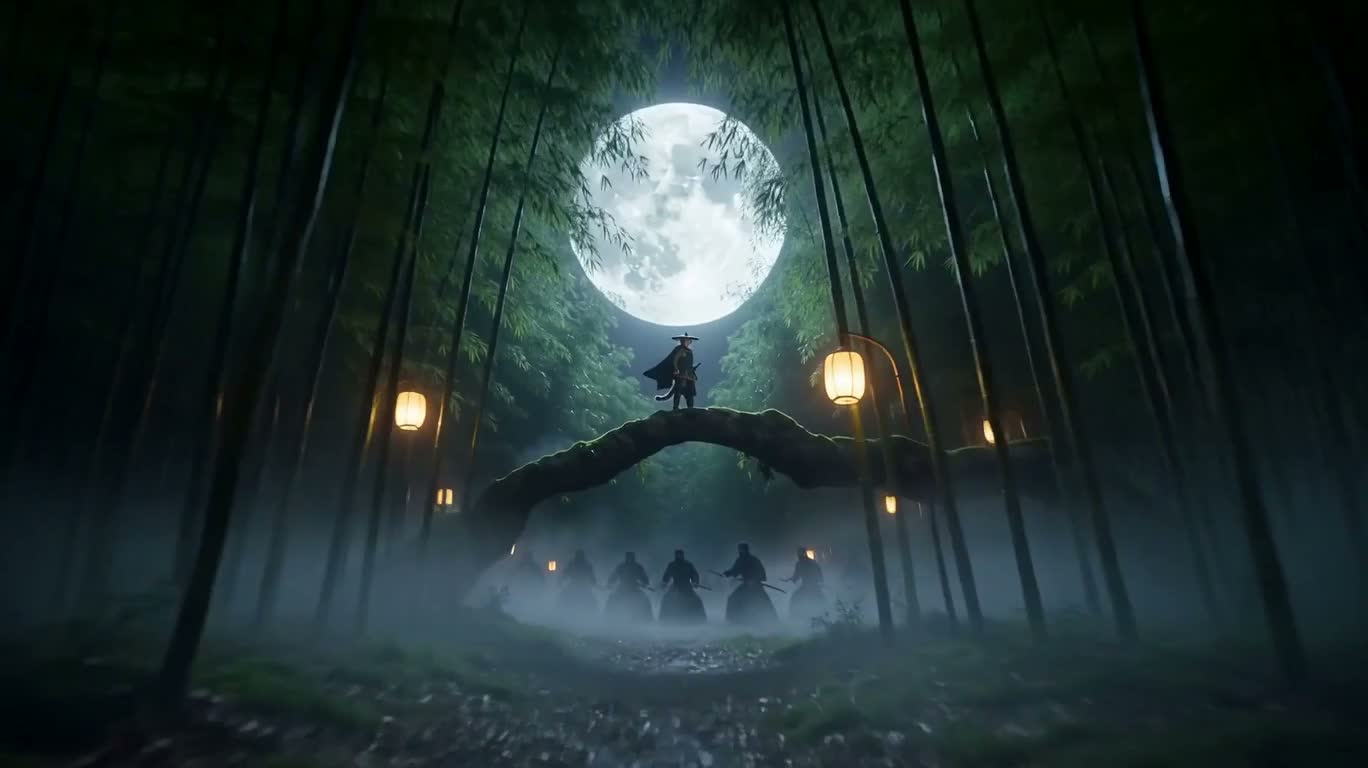 月夜の竹林の猫侍