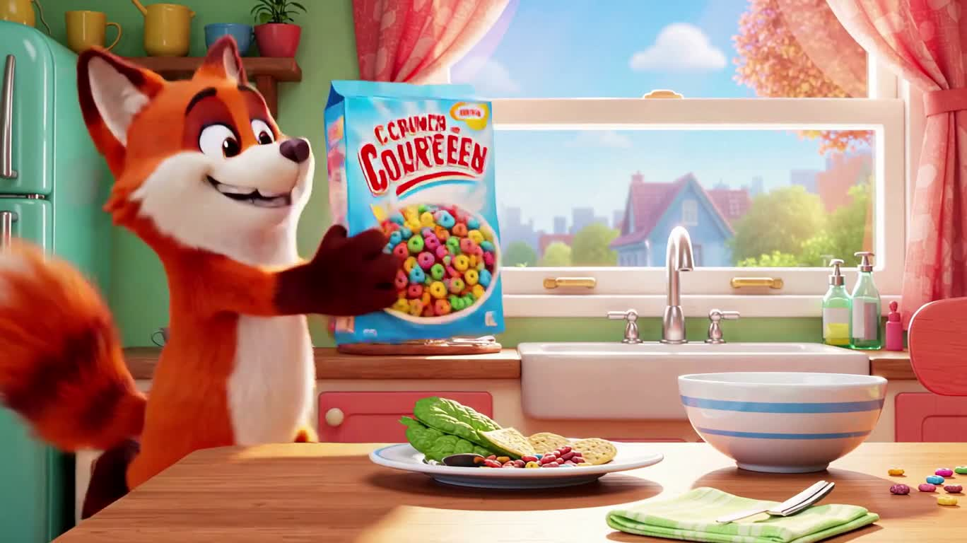 Renard plein d'énergie à la table du petit-déjeuner ensoleillé