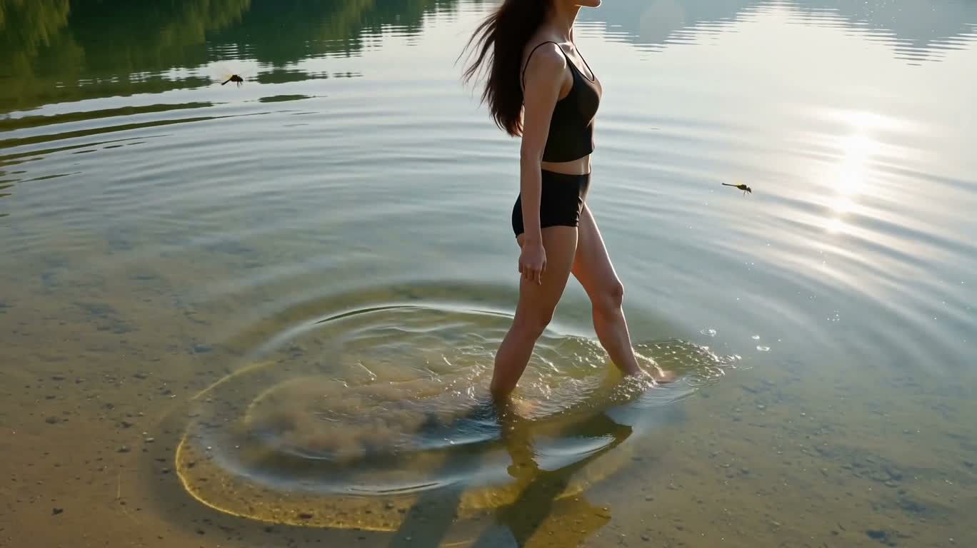 水面上的蜻蜓与阳光漫步 — AI video creation