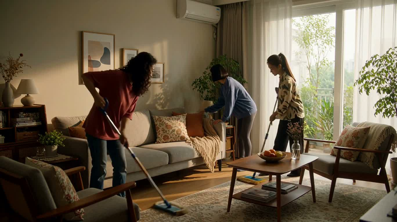 Moment de ménage dans un salon baigné de lumière chaude — AI video creation
