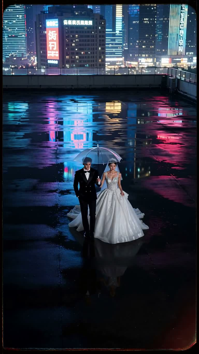 Neon Rainy Night Starry Wedding — AI video creation