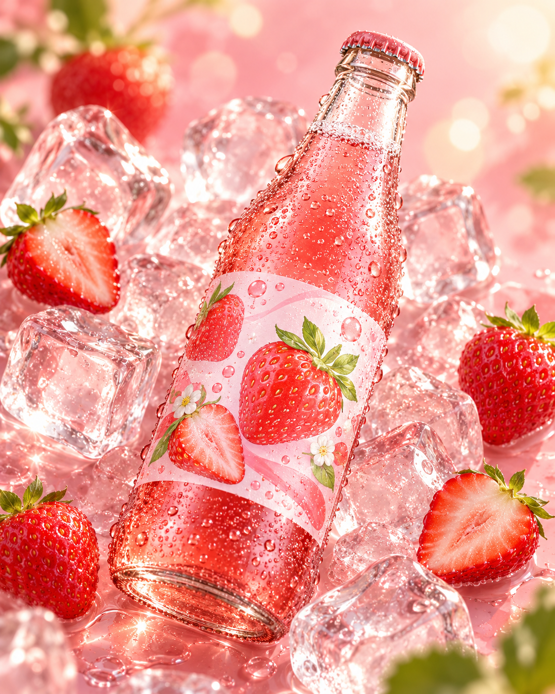 ストロベリーパステル炭酸ドリンクと溶ける氷の商業写真