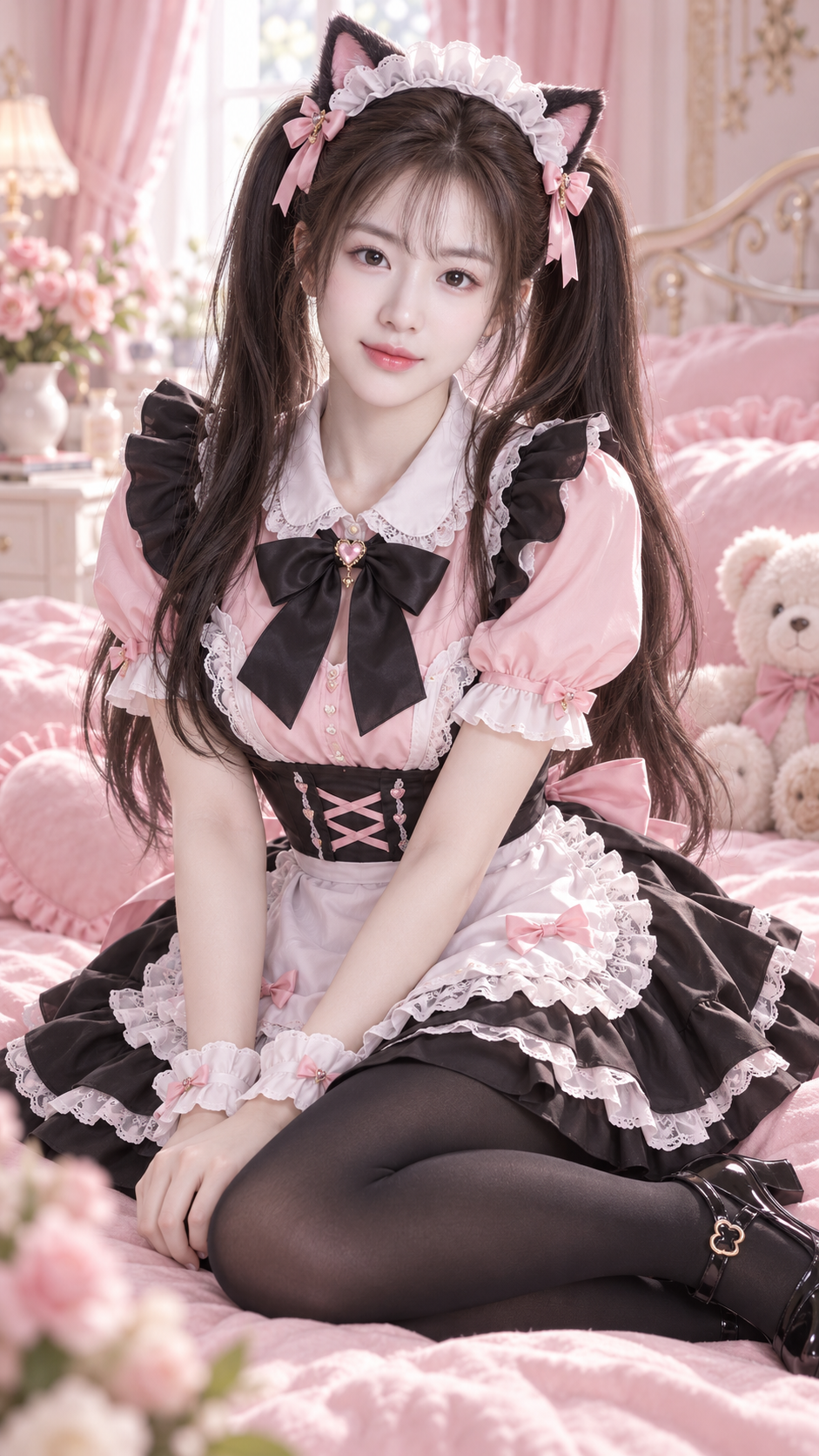 ピンクの夢幻的な寝室 大人のファンタジーメイド 3Dポートレート