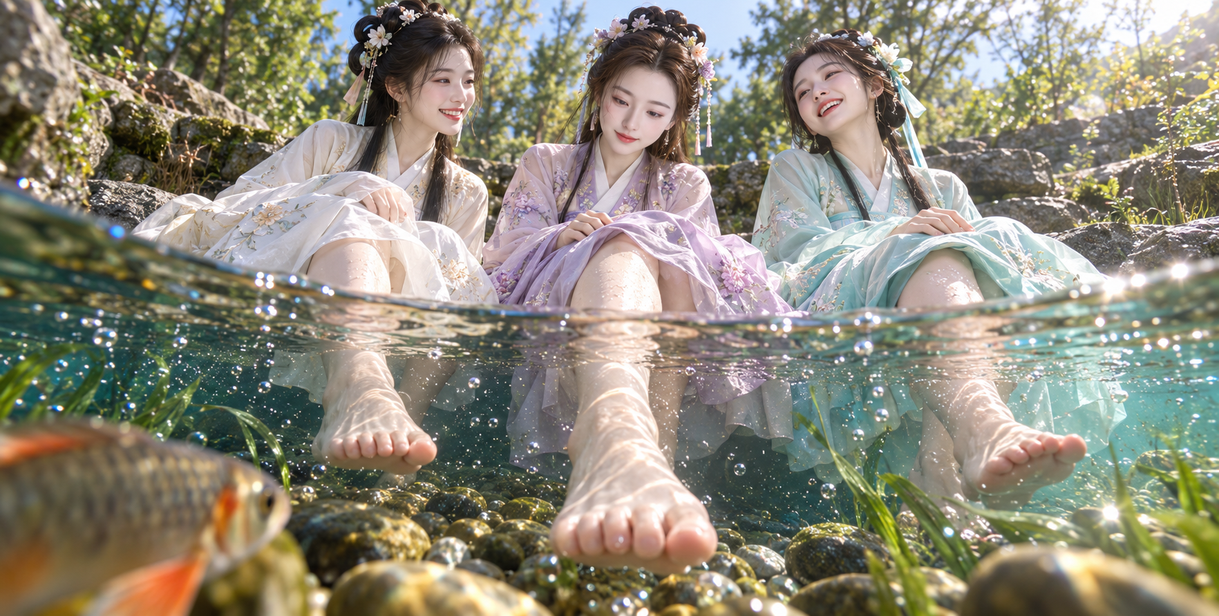 鱼眼水下视角与三位古风成年女子 — AI image creation