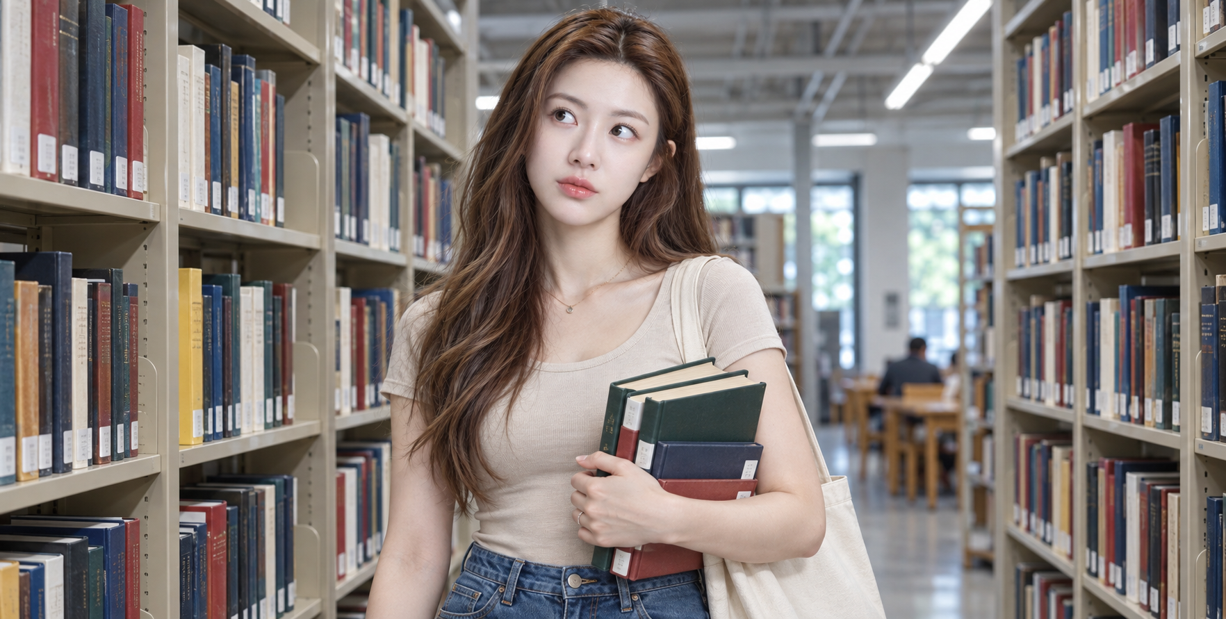 图书馆书架间的成年女性俏皮阅读肖像